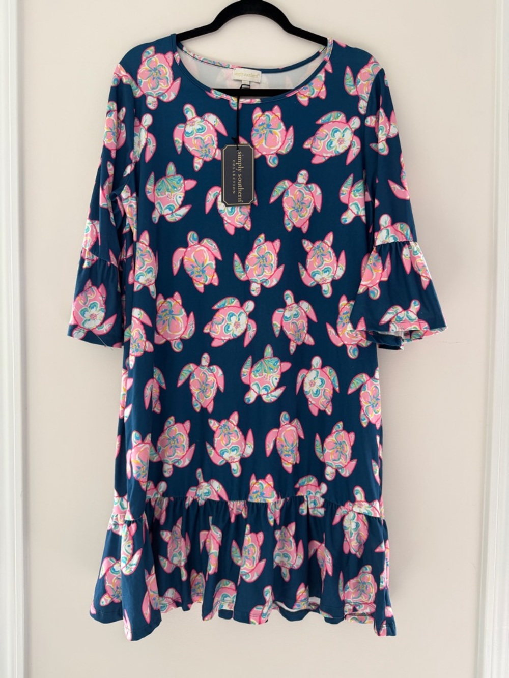 NWT Simply Southern Navy Midi Dress with Pink & Teal Turtle Print